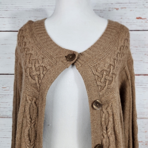 LOFT Cable Knit Brown Wool Cashmere Rabbit Hair Blend Cardigan Sweater Large - Picture 2 of 7